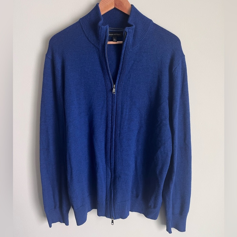 Banana Republic Men's Zip-Up Merino Wool Blend Heathered Blue Sweater Size XL